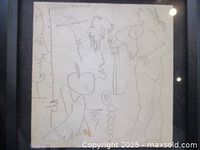 Frontal view of framed lithograph under glass