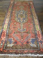 Full-length top-down view of the runner rug laid flat on wood floor, showing full pattern and fringe.