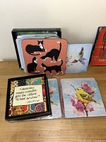 Coasters with cat, bird and quotes designs, colorful and decorative