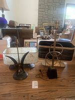 Both lamps side by side on wooden floor showing overall appearance and scale