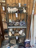 Front view of green metal rack filled with various mineral rock specimens, held indoors by wood wall.
