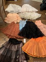 Photo showing collection of ten petticoat and underskirts in various colors and layers laid out on wooden floor.