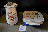 Porcelain stovetop percolator and Georges Briard insulated dish side by side showing overall condition and decoration