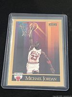 Front side of the 1990 Skybox Michael Jordan card showing Jordan in Bulls uniform dunking the basketball, near mint condition.