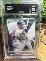 Slabbed front: 2017 Topps Finest #2 Aaron Judge rookie card in GMA slab with Gem Mint 10 label.