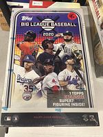 Front view of sealed 2020 Topps Big League Baseball box showing MLB players and Topps branding.