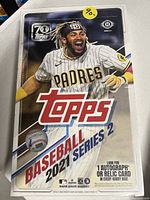Front view of sealed 2021 Topps Baseball 2021 Series 2 Hobby Box showing Padres player and Topps branding.