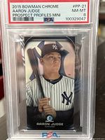 Front of 2015 Bowman Chrome #PP-21 Aaron Judge mini rookie card, showing player image and PSA slab with grade 8 label.