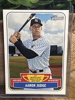 Front of 2017 Topps Heritage Aaron Judge baseball card showing player image and Rookie of the Year award logo