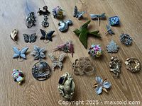 Overall view of all 24 brooches on wooden surface
