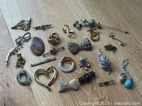 Overhead view of entire assortment of brooches, pins and earrings