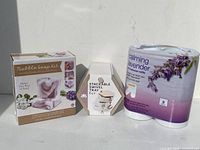 Photo showing Bubble Soap Kit, Stackable Swivel Tray, and Calming Lavender Scented Tea Light Candles