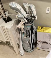 Gray and teal TaylorMade Kalea golf bag with headcovers visible filled with clubs next to SKLZ net box