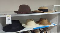 Five hats displayed on shelves