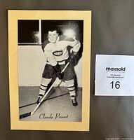 Front side of vintage Beehive hockey card showing black and white photo of Claude Provost on original Manila backing with signature printed at the bottom.