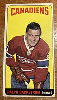 Front of the 1964-65 Topps Tall Boy #78 Ralph Backstrom hockey card showing the player image and team name Canadiens with bright yellow background.