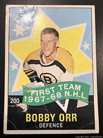Front of 1969-70 OPC Bobby Orr hockey card showing player image, team, and all star designation with creases and wear.