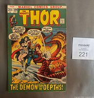 Front cover of vintage 1972 Thor comic #204 showing Thor fighting a fiery demon with other characters on cover.