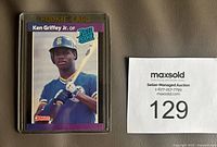 Front of 1989 Donruss Ken Griffey Jr. rookie card in protective clear holder, showing player photo and branding.