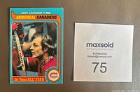 Front of the Guy Lafleur hockey card with player photo, position, and team information shown alongside lot number.