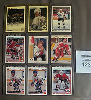 Photo showing nine hockey cards including two Wayne Gretzky cards, Paul Kariya, Jeremy Roenick, two Teemu Selanne cards, and Ed Belfour all in hard holders.