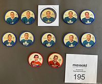Front side showing player portraits and names of 12 hockey coins including Toronto Maple Leafs and Montreal Canadiens players from 1961-62.