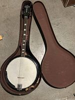Full view of the Roy Smeck banjo in open brown hard case showing the body and neck.
