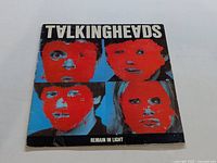 Front cover of Talking Heads LP "Remain in Light" showing stylized faces with red paint on a blue background.
