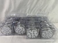 Front view of 18 submersible RGB LED lights in transparent packaging showing multiple LED bulbs per light.