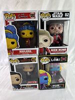 Four Funko Pop figures in original unopened boxes: Marjora from The Simpsons, Nien Nunb from Star Wars, Katy from Shang-Chi (Target Exclusive), and Sylvie from Loki.