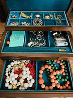 Open two-tier box showing top tray compartments and lower drawer