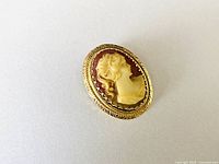 Top view of the oval vintage cameo brooch showing the carved woman's profile on reddish background and detailed gold-toned frame.