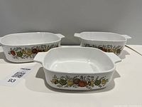 Three Corning Ware Spice of Life casseroles front view