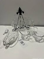 Entire lot: swan dish, creamer, sugar bowl, cruet, handled plate