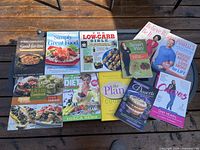 Overhead view of all ten books laid out on table