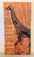 Front view of large rectangular wall art depicting a stylized giraffe silhouette with textural background and layered text in orange and brown tones.