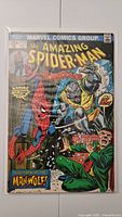 Full front cover view of the comic book The Amazing Spider-Man #124 showing Spider-Man, a werewolf creature, and a man in a green suit under the title 'The Mark of the Man-Wolf!'