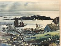 Full view of the lithograph depicting boats coming into a port with buildings and dock in the foreground and water and hills in the background.