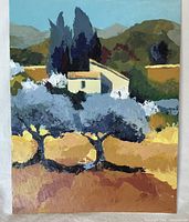 Front view of the acrylic painting showing a landscape scene with trees, hills, and a small house.