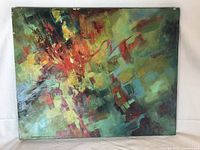 Front view of original abstract acrylic painting on canvas showing vibrant colors and brushstroke textures