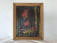 Frontal photo of the original oil painting on canvas, showing abstract depiction of a forest fire in dark reds, blacks, blues and greens framed in oak wood.