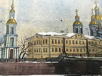 Close-up of watercolour artwork featuring gold-domed towers and a classical building with detailed black ink outlines and shading.