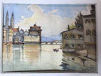 Clear view of the unsigned Swiss watercolour showing the Limmet River with buildings and Gross Munster church in background.