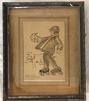 Framed lithograph showing entire artwork and visible wear on frame and matte.