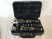 Open black hard case showing Yamaha YCL-250 clarinet parts inside including barrel, upper joint, lower joint, and bell, with mouthpiece separated.
