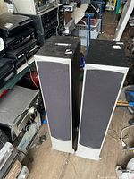 Pair of matching tall speakers standing side by side