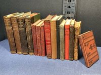 Front view showing all 15 hardcover antique books upright, with varying spine details, colors mostly brown and red.