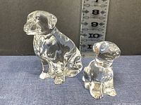 Two Waterford crystal dog figurines, one significantly larger than the other with a measuring tape showing approximate heights. Both sit on a blue surface against a black background.