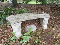 Photo showing the curved cement bench in a natural wooded garden setting with plants around, highlighting the top surface and general shape.