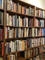 Wide view of wooden shelving unit filled with assorted books from various genres showing their spines and titles.